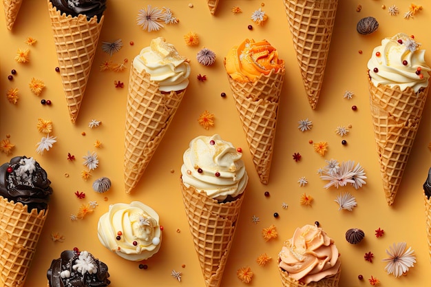 Incorporate a variety of waffle cones with different ice cream flavors AI Generated