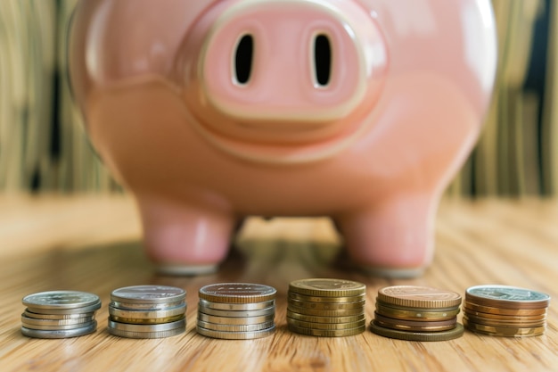 Increasing coin stacks in front of a piggy bank