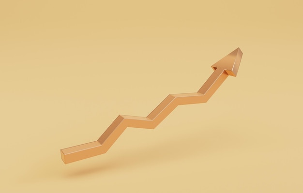 Increasing Golden arrow on yellow background and copy space for economic investment profit and interest deposit from saving concept 3D rendering technique