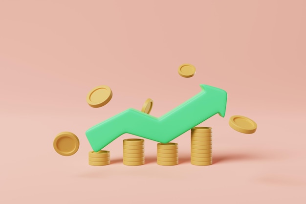 Increasing growth arrow with money coins on pink background Investment profit earnings concept 3d rendering