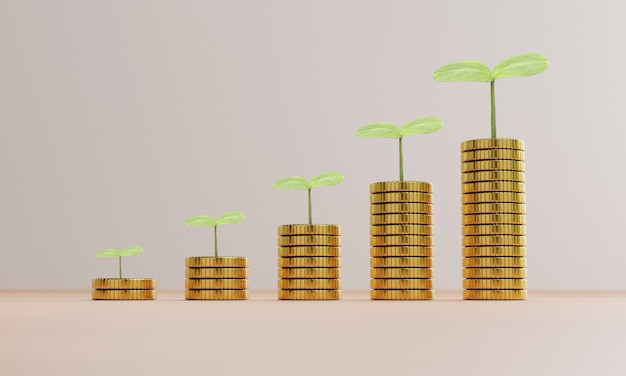 Increasing growth coins stacking with plant , investment profit and dividend money from saving concept by 3d render.