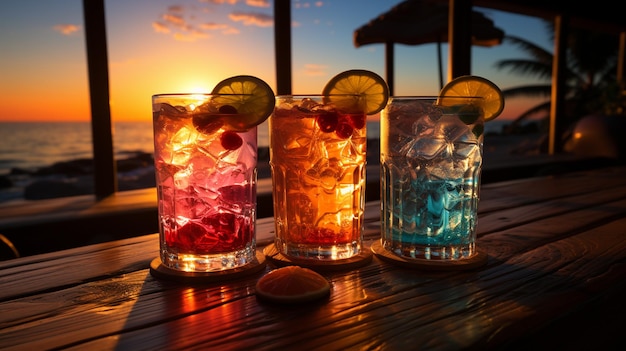 Incredible cocktails of different types sunset seaside background