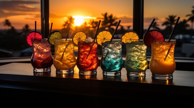 Foto cocktail incredibili di diversi tipi sullo sfondo del tramonto sul mare