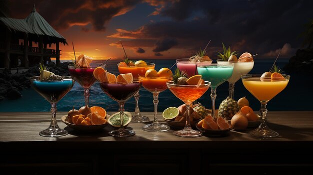 Foto incredibili cocktail colorati deliziosi sulla spiaggia