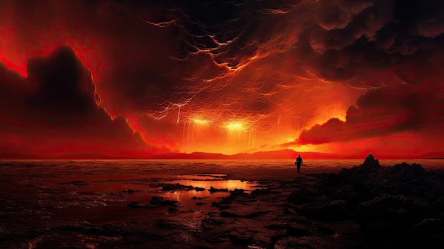 Incredible idea of supernatural horror from an extraterrestrial realm with a fantastical touch Intense crimson sky with eerie hellish clouds and ominous silhouettes emittin