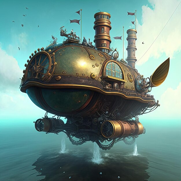 Incredible major steampunk balloon floating above water surface illustrations generative ai