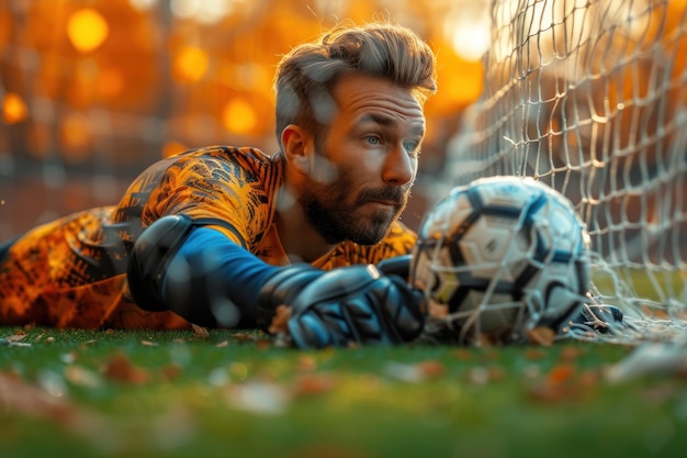 Incredible moment frozen in time as a goalkeeper makes a spectacular save during a soccer match