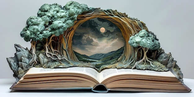 Photo an incredible open book with pages that portal to a fantasy world