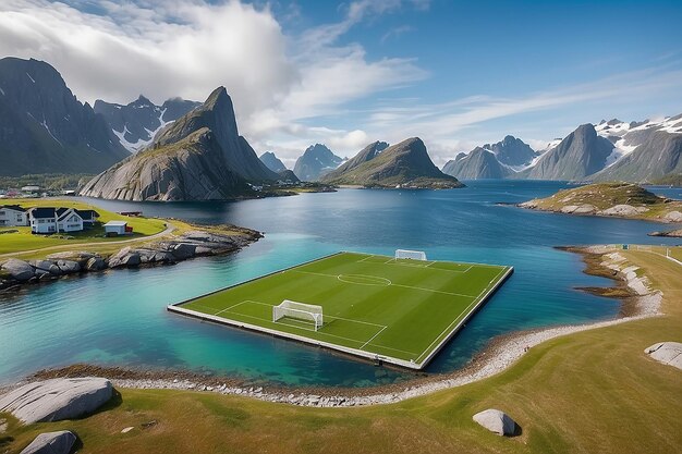 Photo incredible soccerfield sorrounded by water sea and mountains henningsvaer lofoten islands