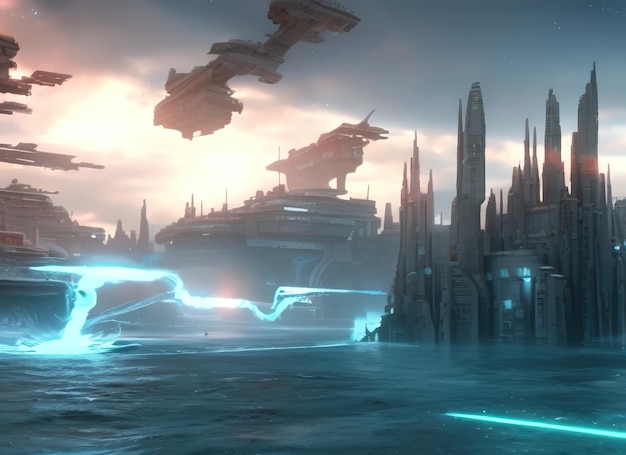 Incredible space background of the future ships and castles 3d illutration