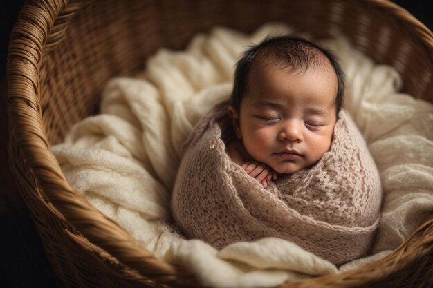 Incredible and sweet newborn baby sleeps in basket ar c