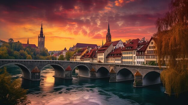 Photo incredible vivid cityscape scenic view historical old town of bern city with colorful sky view on bridge over aare river and church tower during dramatic sunset generative ai