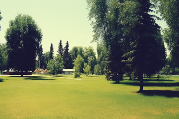 Incredible wide shot of a park with trees and a hazy blue sky