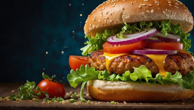 Incredibly attractive 3D rendering of a juicy chicken burger closeup generative AI