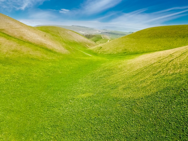 信じられないほど美しい空中写真風景緑の牧草地フィールド木野生の自然風景フィールドデスクトップの壁紙