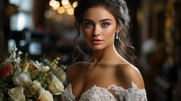 An incredibly beautiful bride in a wedding dress with a bridal bouquet