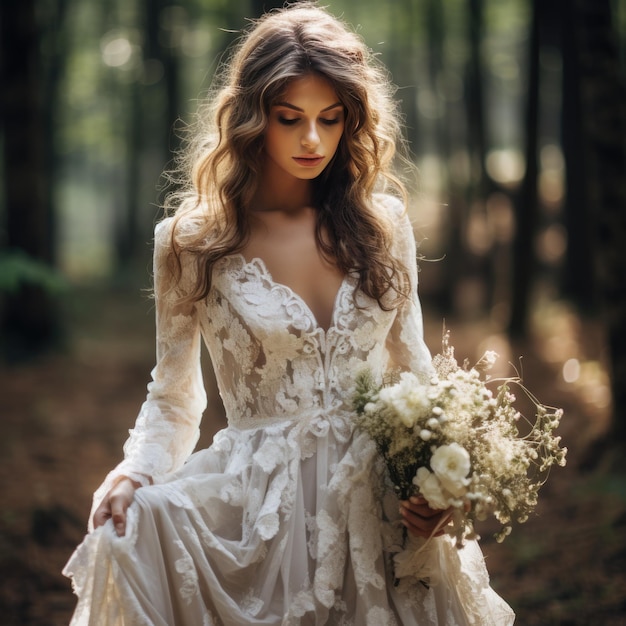 An incredibly beautiful bride in a wedding dress with a bridal bouquet