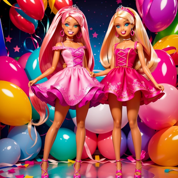 An incredibly cute barbie girl wearing a colorful birthday dress
