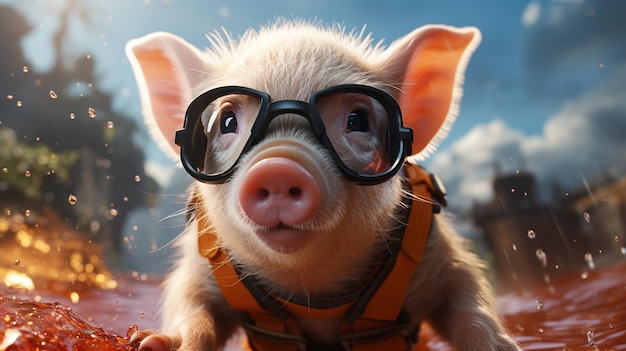 Incredibly cute and cheerful pig with accessories