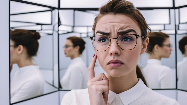 Indecisive beautiful young female customer holding spectacles having doubtful facial expression