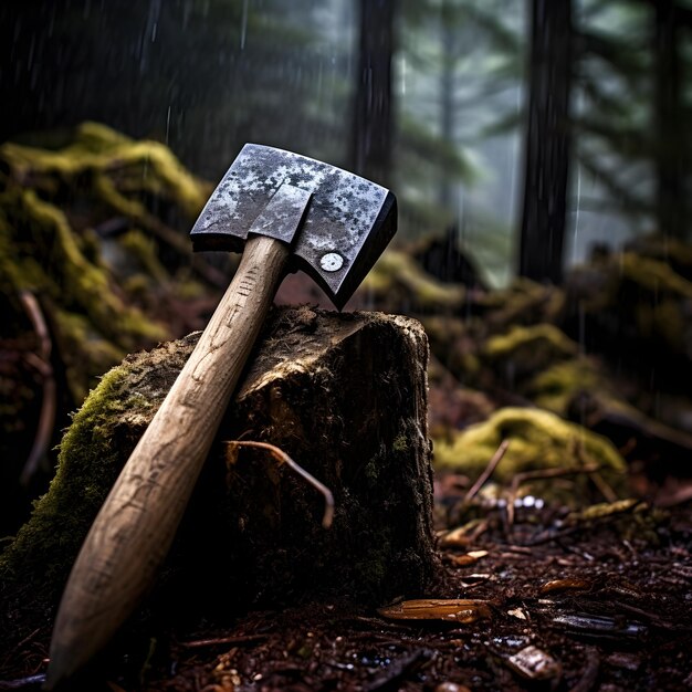 Photo indelible portrayal of traditional lumberjacking the silent narrative of an axe on log