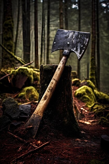 Photo indelible portrayal of traditional lumberjacking the silent narrative of an axe on log