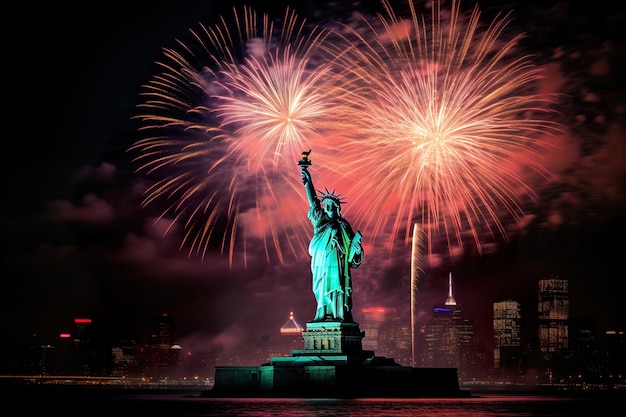 Independence day 4th July with fireworks and liberty statue in the USA Celebration