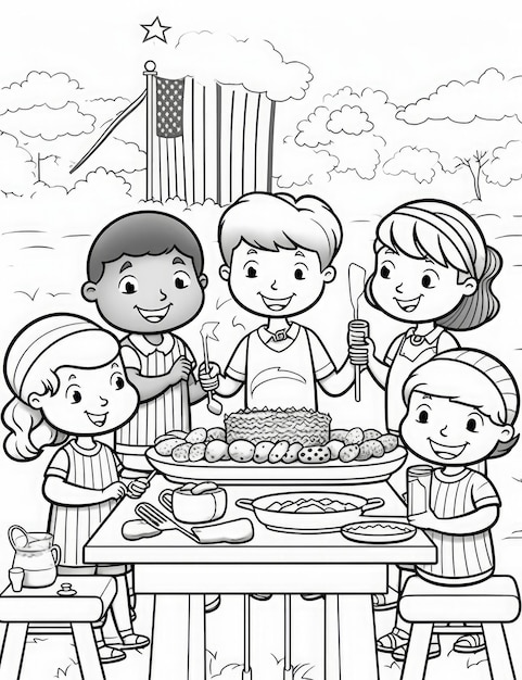 독립 기념일 바비큐 키즈 색칠 페이지 간단한 흑백