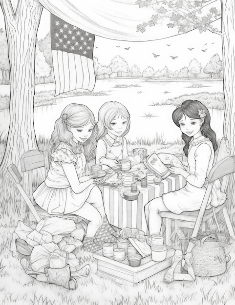 Independence day picnic kids coloring page simple black and white bg