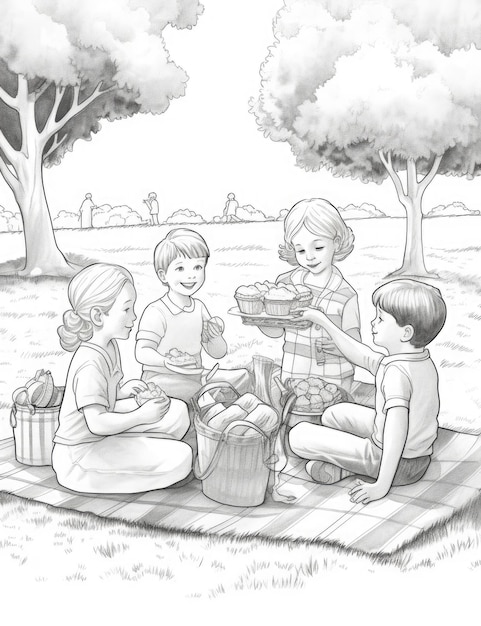 Photo independence day picnic kids coloring page simple black and white bg