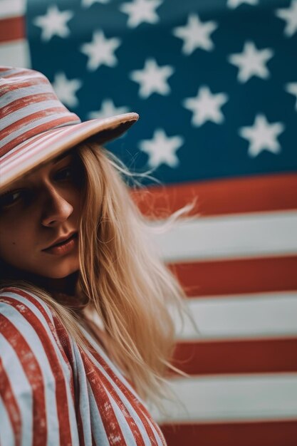 Foto giorno dell'indipendenza una donna con una bandiera americana