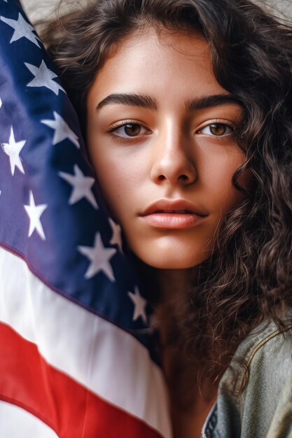 独立記念日にアメリカの国旗を持つ女性