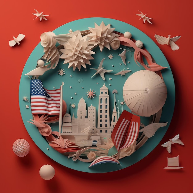 Independence in Paper Minimalistic 3D Craft Style Illustration for 4th of July