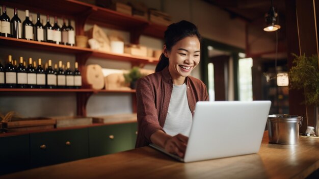 An independent asian woman smiling while operating a laptop