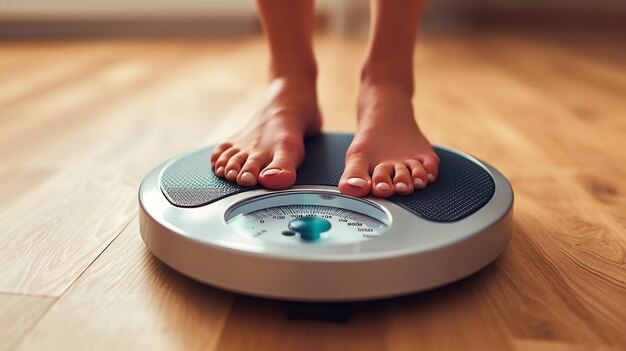 Indepth of feet resting on a toilet scale to check the weight and space Generative AI