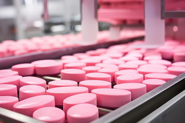 Фото Глубокий взгляд внутри современной фармацевтической фабрики увлекательный макро-вид розового пи