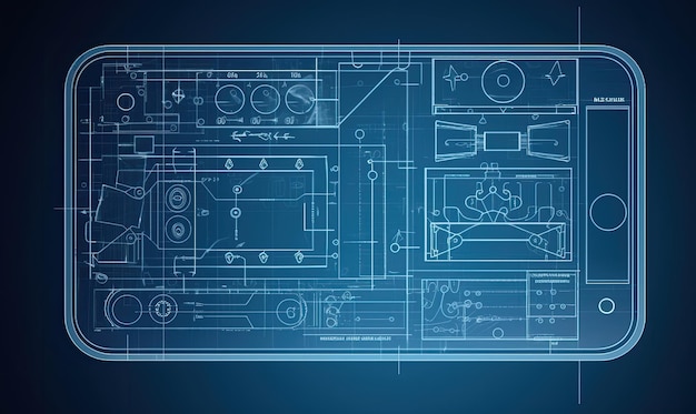 Indepth technical illustration of a phone's components displayed in a blueprint Creating using generative AI tools