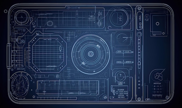 Indepth technical illustration of a phone's components displayed in a blueprint Creating using generative AI tools