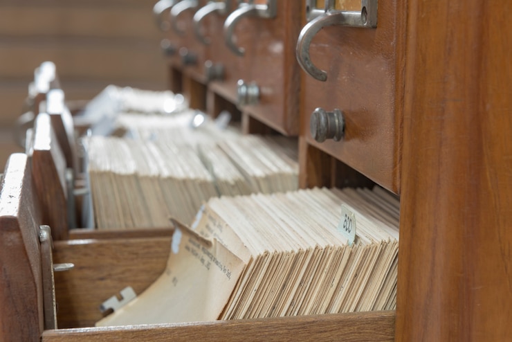 Index cabinets in a library made of wood.