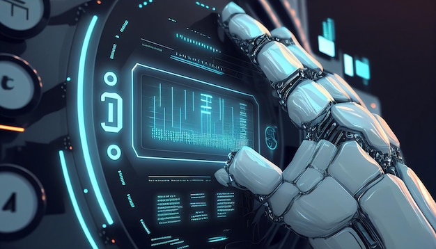 The index finger of a robotic hand taps a computer dashboard In the virtual world Generative AI uses bionic technology