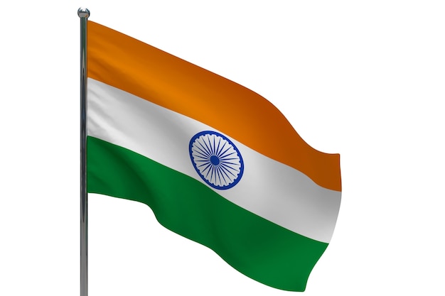 India flag on pole. Metal flagpole. National flag of India 3D illustration on white