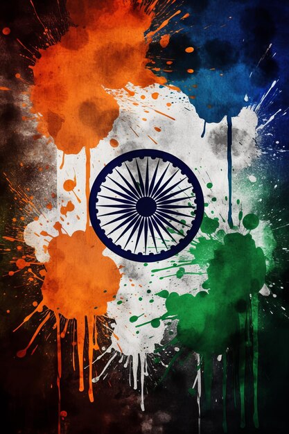 India flag Splash Ink art background with Victory symbol Generative AI