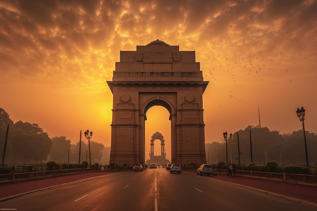 India gate in new delhi sunset view