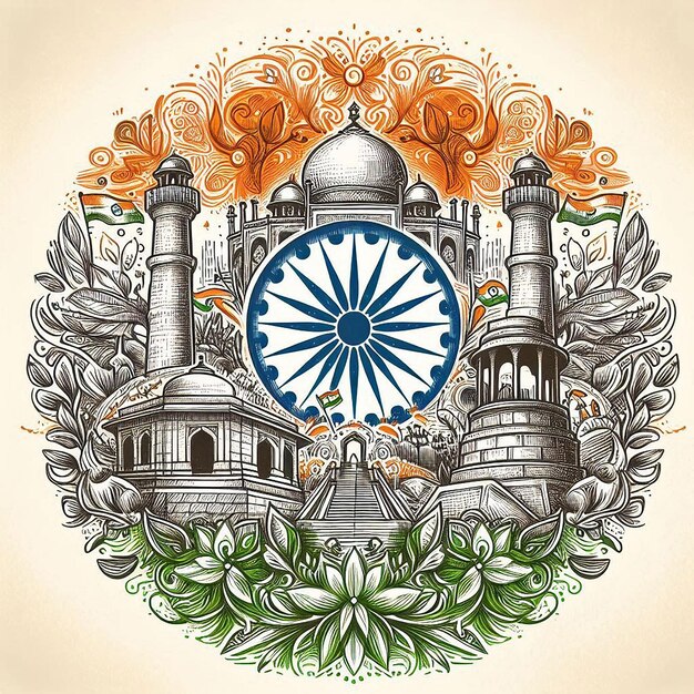 Photo india independence day greeting card with ashoka wheel doves and indian tricolor