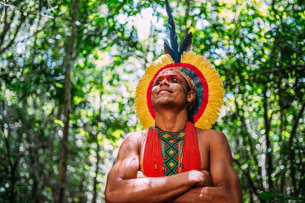 Indiaan van de PataxÃ³ stam, met veren hoofdtooi