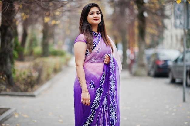 Indiaas hindoe-meisje bij traditionele violette sari poseerde op herfststraat