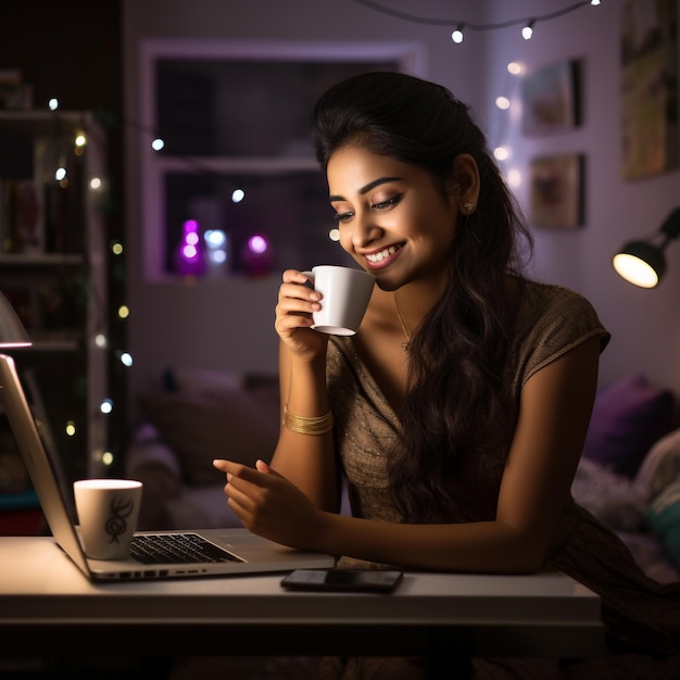 indian 25 year old young female drinking coffee and working on laptop