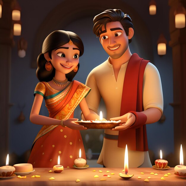 사진 디아 디발리 (diya diwali) 와 카르바 차우트 (karwa chauth) 디자인 스타일의 인디언 3d 커플