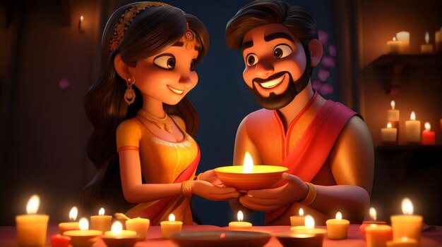 Photo indian 3d couples with diya diwali and karwa chauth design style