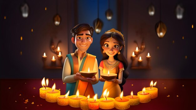 Foto coppie indiane 3d con stile di design diya diwali e karwa chauth